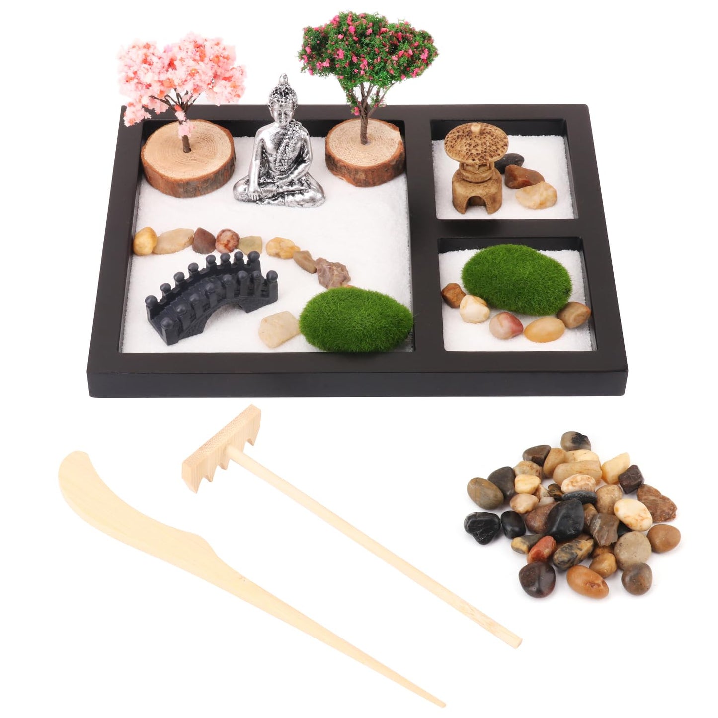 Zen Garden Kit, Mini Zen Garden for Desk - Zen Sand Garden for Office Decor with Pebble, Zen Sand, Bridge, Algae, Buddha & Rake Tool Zen Garden for Meditation