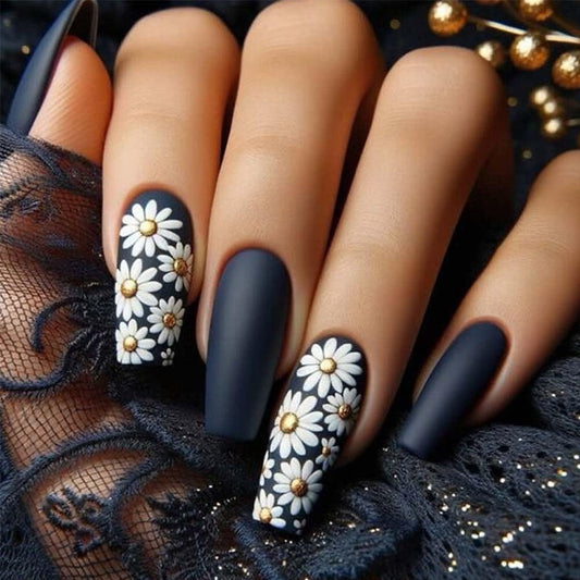 Coffin Press On Nails Medium Fake Nails Black False Nails With Daisy Design Flower Glue On Nails Full Cover Acrylic Artificial Reusable Stick On Nail For Women Manicure Art 24pcs