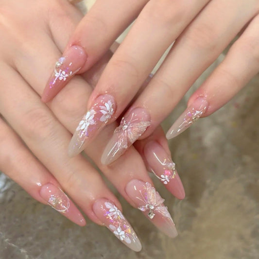 Hkanlre Press on Nails Long Fake Butterfly Pink Nails Tips Full Cover False Almond Nails for Women and Girls 24PCS