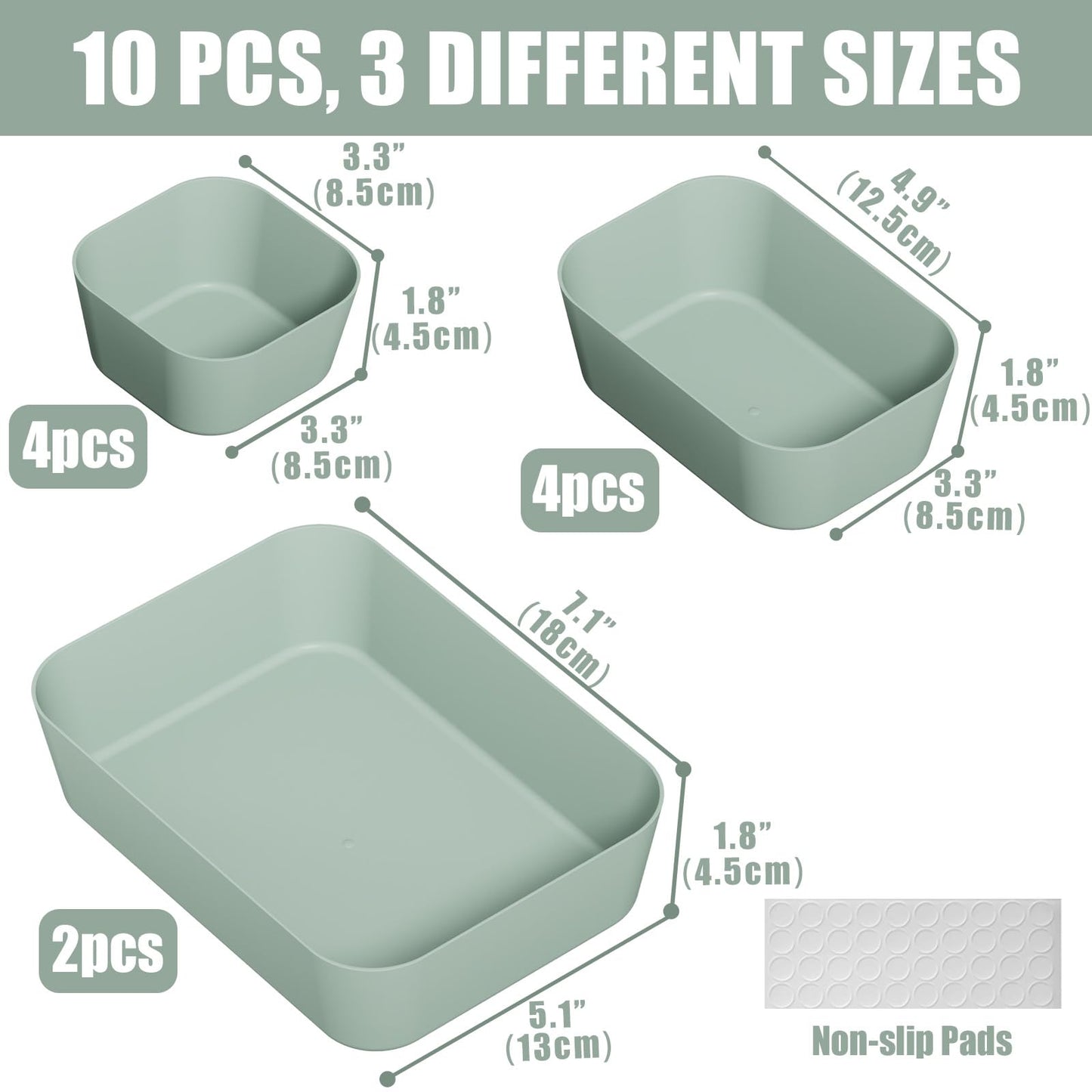 Plastic Drawer Organizers, 10 PCS Drawer Organizer Bins, Bathroom and Vanity Organizer Plastic Tray, Makeup organizer and storage for Makeup, Bedroom, Kitchen Gadgets Utensils and Office (Green)