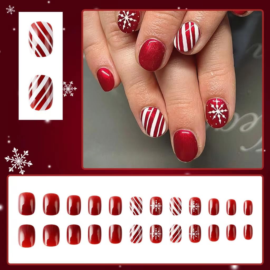 Christmas Press on Short Nails - Square Fake Nails with Snowflake Design - Red False Nails Press ons - for Women Winter Manicure 24 Pcs