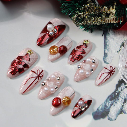 GLORS Christmas Press On Nails, Medium Length Almond Shape, Pearl and Red Bow Design, Holiday Theme, 10 Pieces (Small, MB)