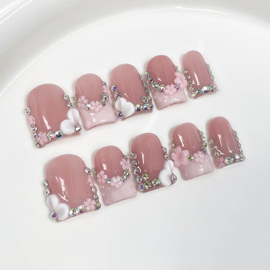 French Tip Press on Nails Handmade Short Square 3D Thick Acrylic Nails Pink False Nails with Flower Rhinestones Designs Cute Floral Fake Nail Sturdy Art Press on Nail 10Pcs(M)