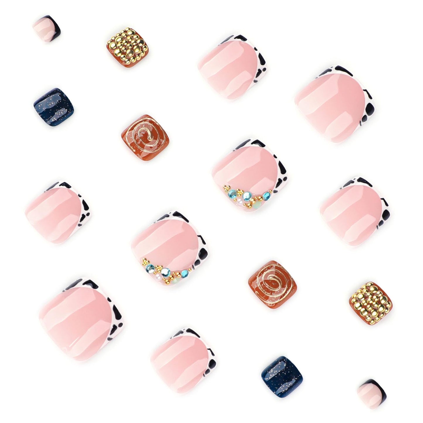 RUOKEXIN Toe Nail Press ons, Short Press on Toenails French Tip Fake Toenails with Gold Rhinestones Designs Square False Toenail Sparkly Artificial Nails for Women 24Pcs