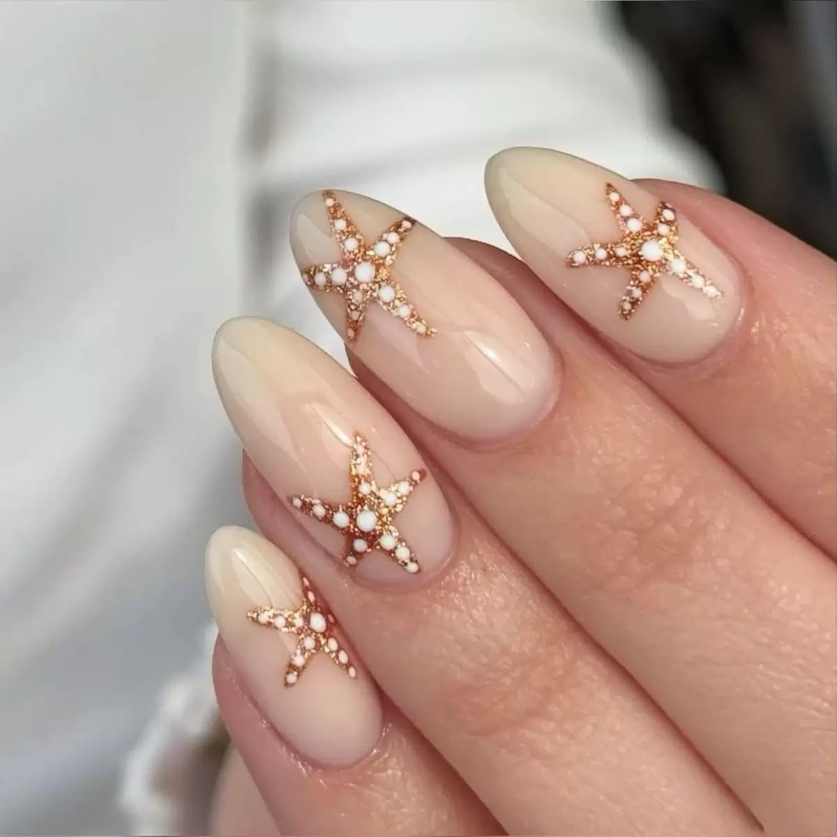 144 Pcs Summer Press on Nails - Almond, Square Press on Nails Short - Starfish, Coconut Tree Design Fake Nails for Women - 6 Packs