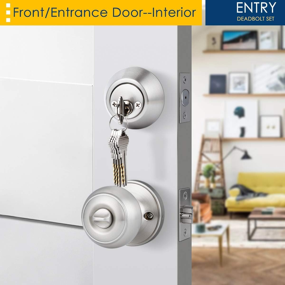 Brotima 3 Pack Keyed Alike Entry Door Knob and Deadbolt Set, Satin Nickel Double Cylinder Deadbolt Lock Set, Round Style Door Knobs Deadbolt for Exterior/Front Door