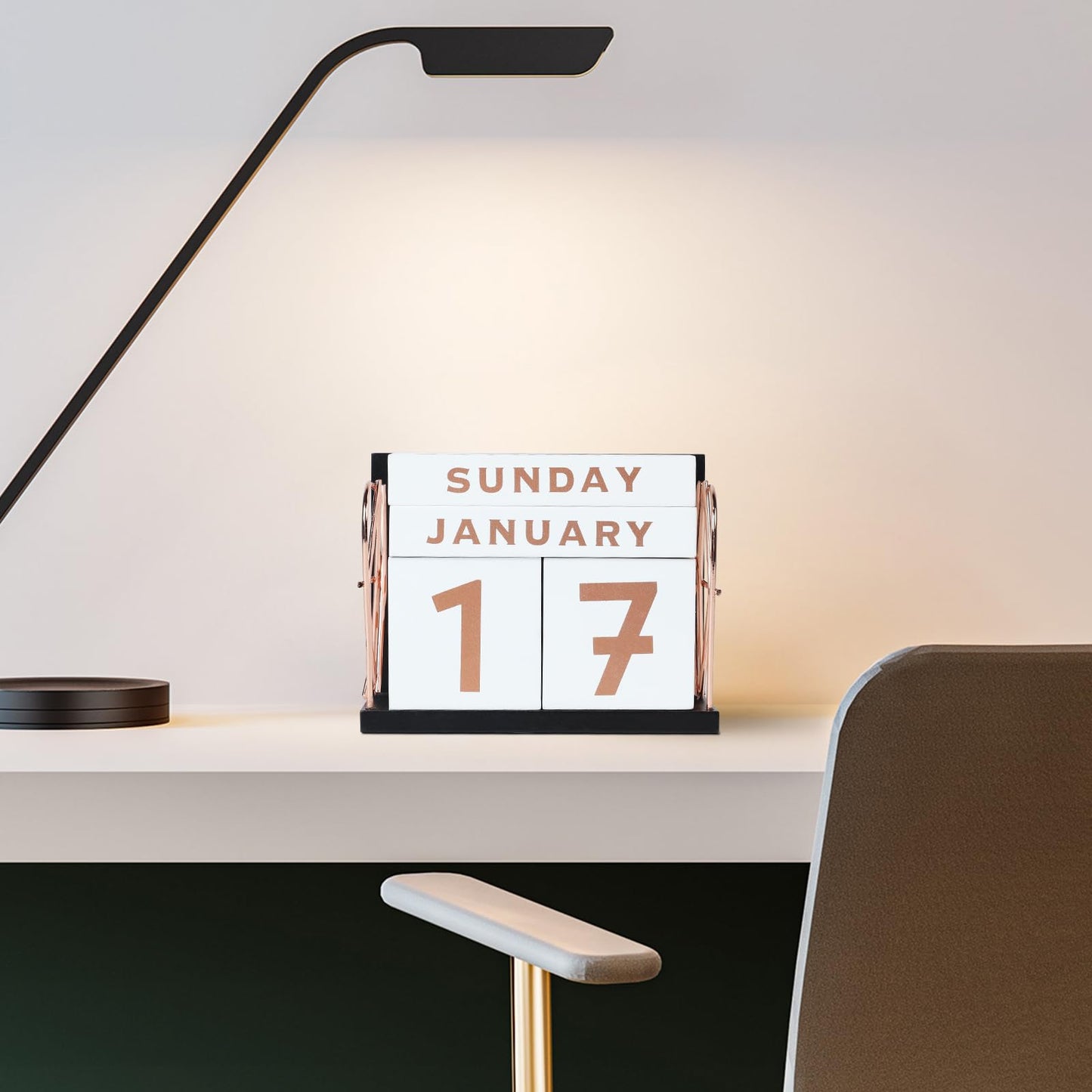 DEERINE Wooden Perpetual Block Calendar for Desk, Rose Gold Daily Desktop Desk Calendar, Modern Farmhouse Aesthetic Desk Accessories for Home Office Decor, Teacher, Classroom, Reusable Yearly