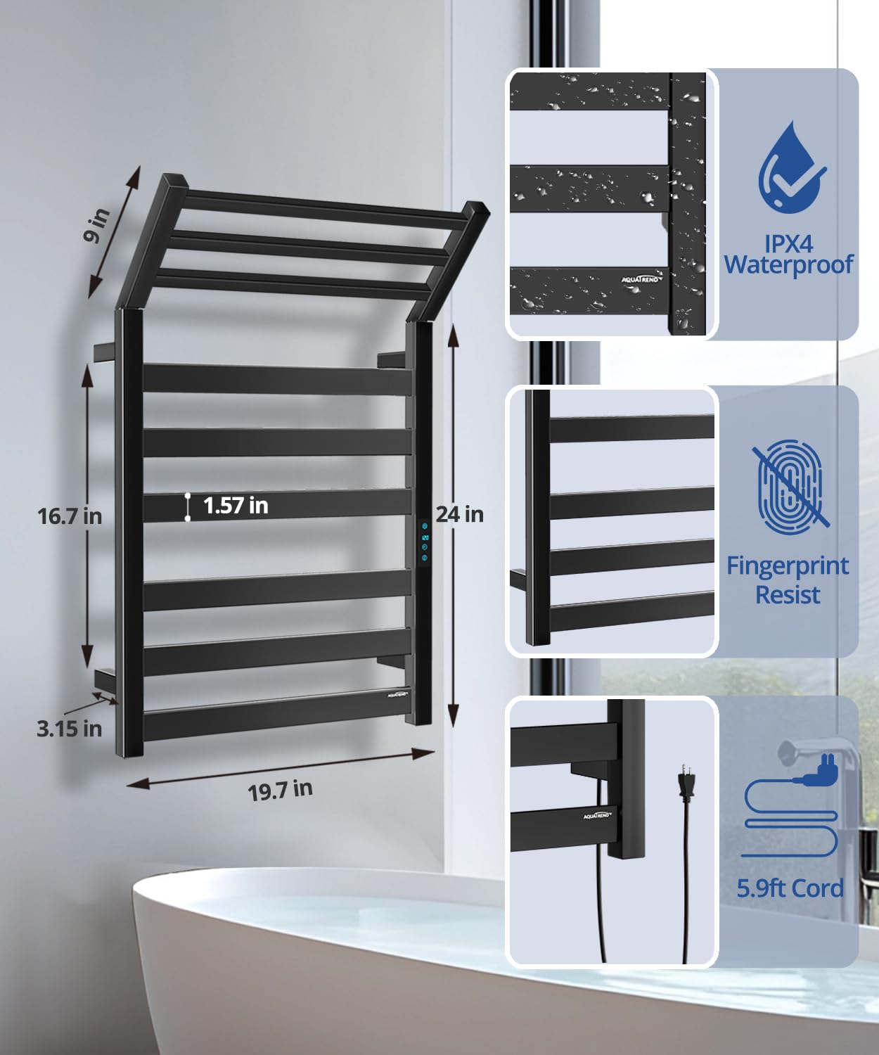 Towel Warmer Rack with WiFi, 6 Bars Large Towel Racks with Temperature & Timing Control, Foldable Bracket, Digital Display, Stainless Steel, Plug-in, Wall Mounted, Black