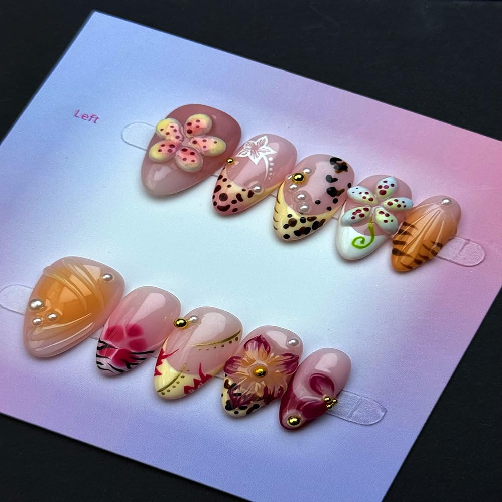 100% Handmade Press on Nails Medium Almond Handmade Nails with Yellow Flower Design Pearl Rhinestones Fake Nails Glossy Ombre Nail Press ons Reusable Spring Summer Acrylic Nails for Women Size L 10Pcs
