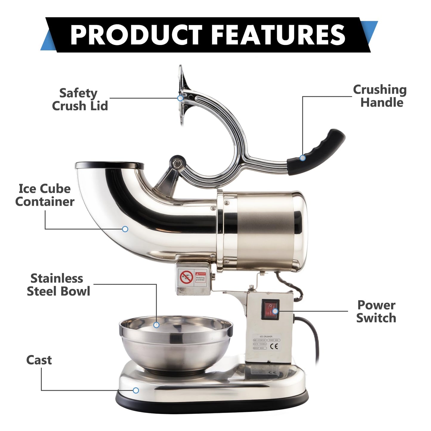 YODHOSA Electric Ice Shaver 300W Snow Cone Maker Machine 440lbs/hr Shaved Ice Machine Stainless Steel Kitchen Electric Ice Crusher with a Free Ice Pick and Ice Cube Tray
