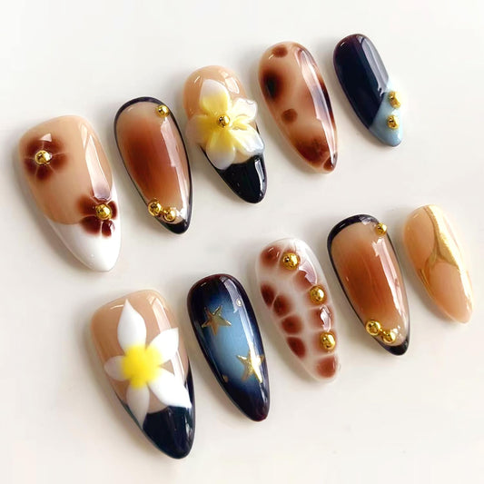24Pcs French Tip Press on Nails Medium Almond Fake Nails with Lily Flower Pattern Brown Gold Beads Press on False Nails French Nails Cute Floral Stick on Full Cover Artificial Glue on Nail for Women