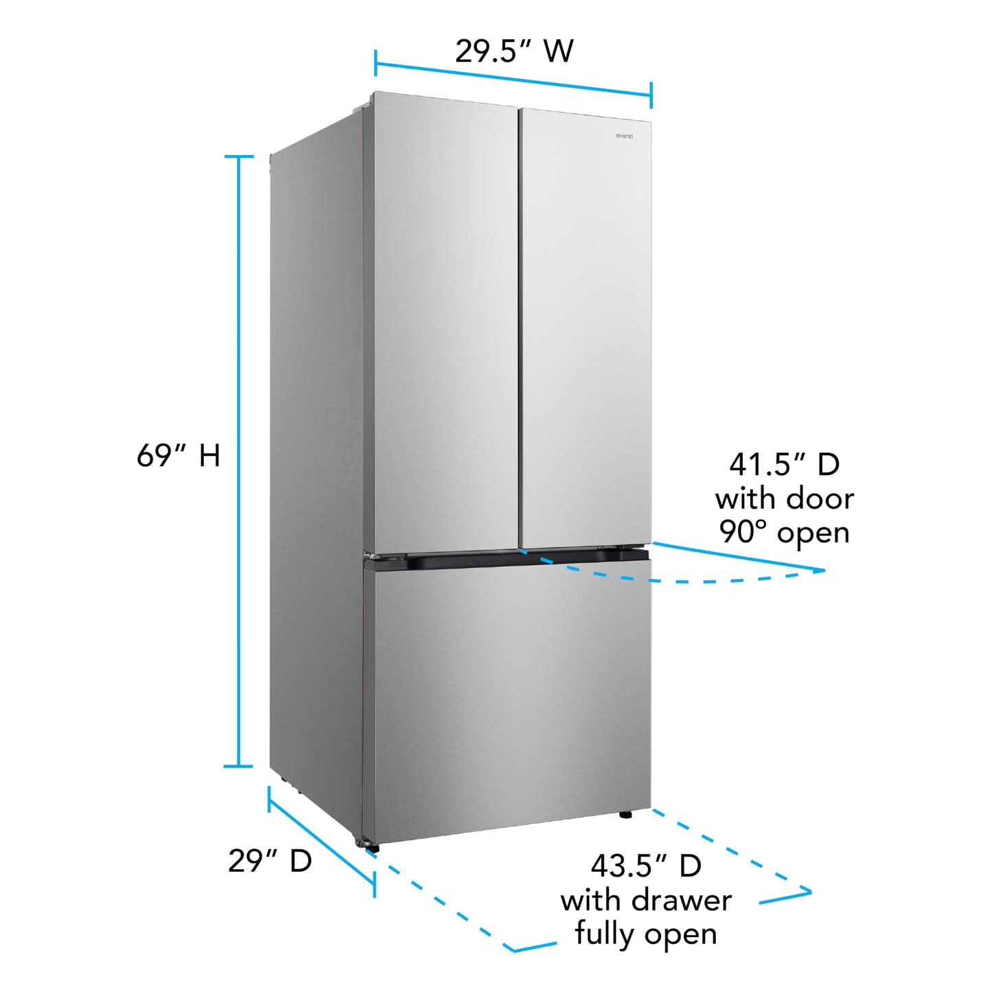 Avanti French Door Refrigerator with Bottom Freezer 30-Inch Wideâ€‹, Frost Free Technology, Large Capacity with Adjustable Shelves, Door Bins & Crisper Drawers, 17.5 Cu.Ft., Stainless Steel