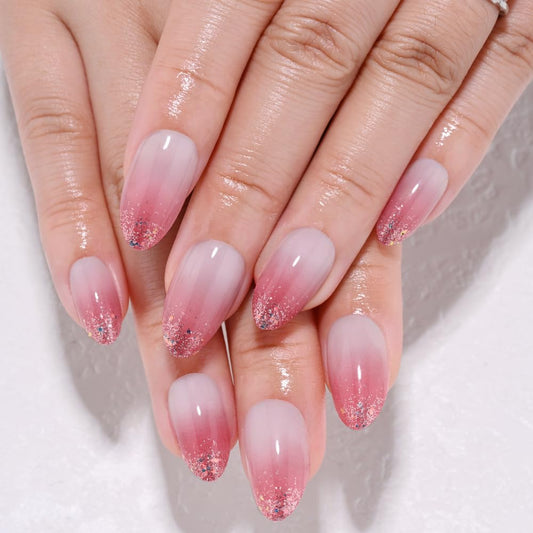evpct Ombre Peach Pink Press on Nails Short Almond, Sparkle Tip Nail Glossy Stick on Nail for Women Gift with Manicure Kit, Reusable Full Cover Soft Stick on Fake Nails with Ombre Design Perfectly Fit