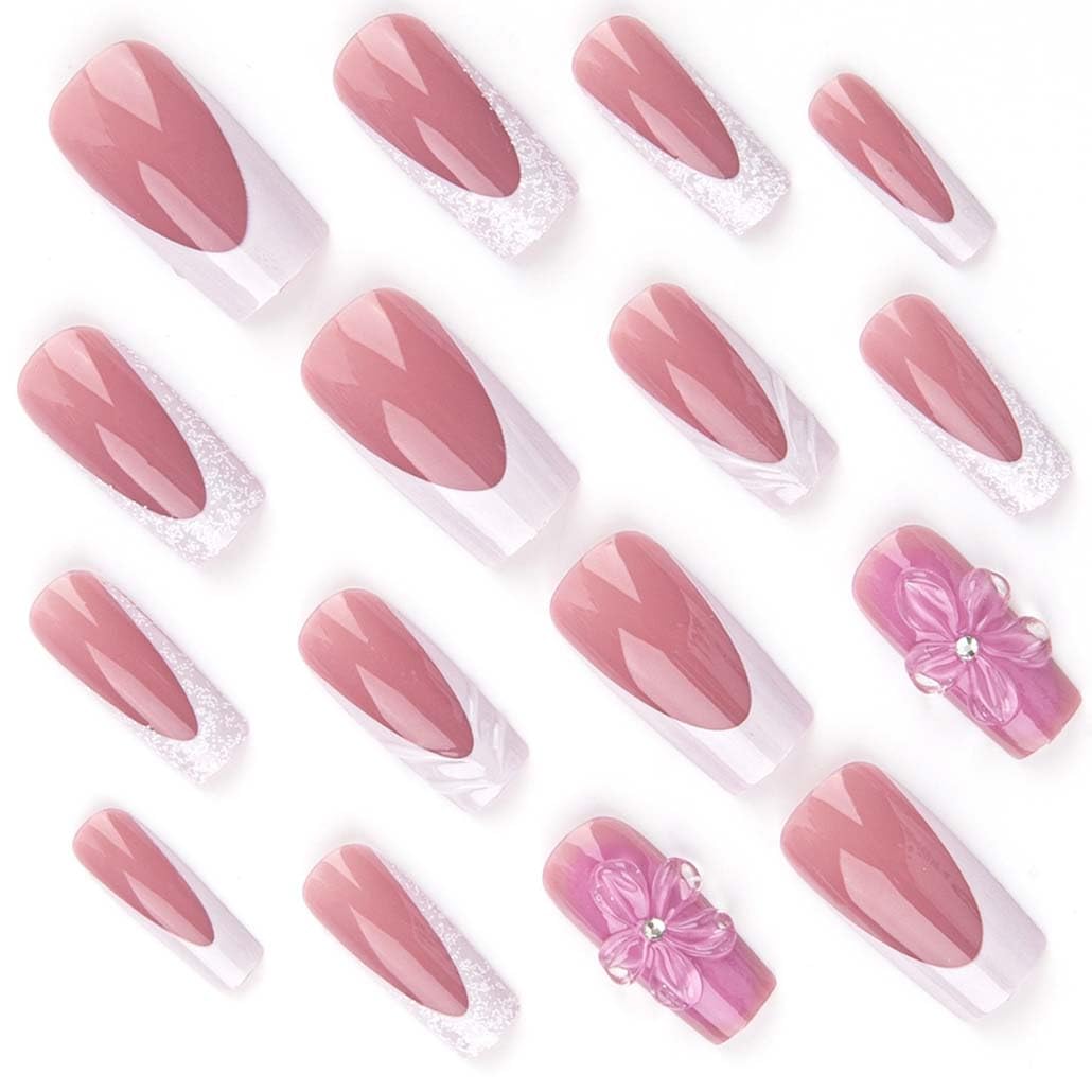 Foccna French Press on Nails Medium Long Pink Fake Nails Square Bling Glossy 3D Flower Design False Nail Tips Artificial Nails Finger Manicure for Women and Girls-24pcs
