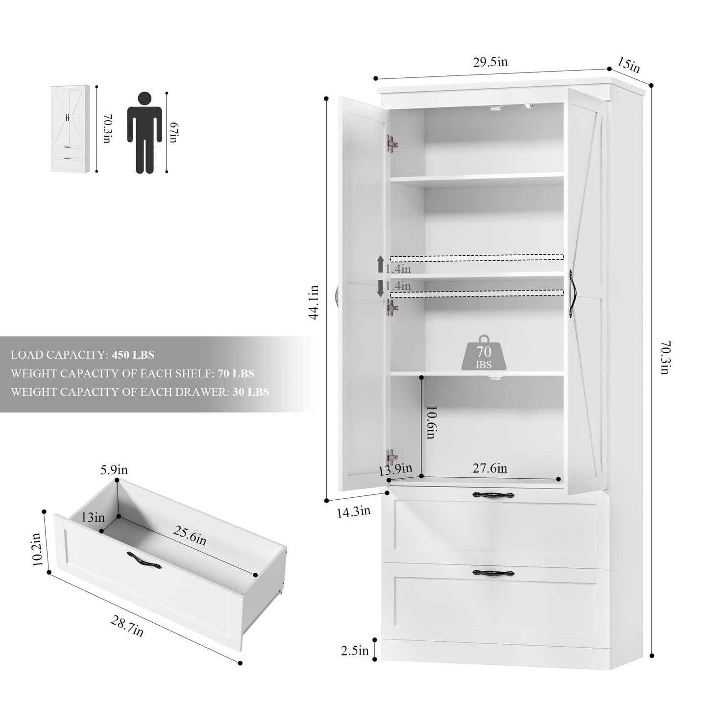 HOSTACK 70" Tall Kitchen Pantry Storage, Barn Doors Pantry Cabinet with Drawers and Adjustable Shelf, Modern Farmhouse Storage Cabinet for Kitchen, Dining Room, Living Room, Bathroom, White