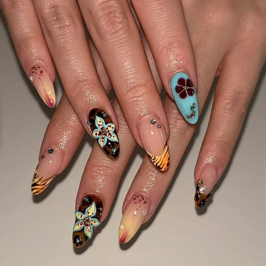 plalely Almond Press on Nails Long Colorful Fake Nailwith 3D Flowers Designs Acrylic Nail Press ons Sparkly Rhinestones Stick on Nails for Women 24pcs
