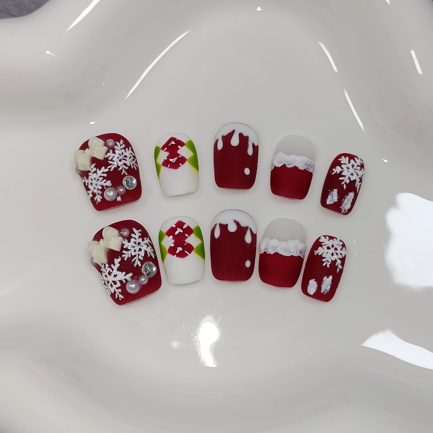 TENPAL Squoval Press on Nails -Acrylic Red Velvet Matte with Pearl Plaid & Snowfall Design | Handmade Winter Elegant Fake Nails with Tools | Christmas Party Gift Set(S)