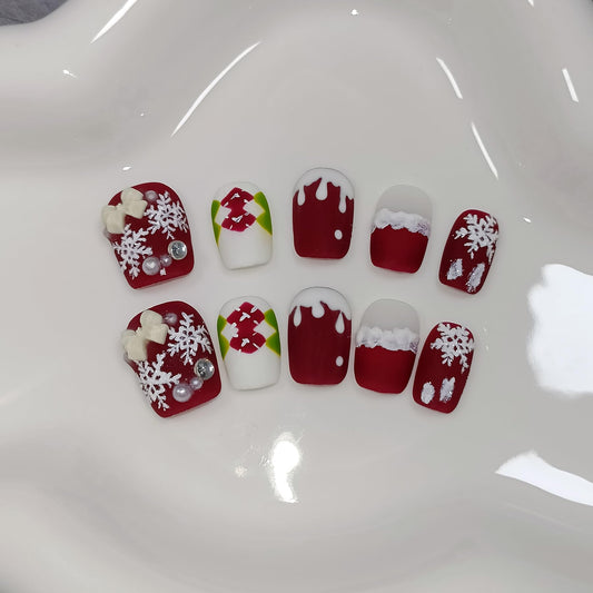TENPAL Squoval Press on Nails -Acrylic Red Velvet Matte with Pearl Plaid & Snowfall Design | Handmade Winter Elegant Fake Nails with Tools | Christmas Party Gift Set(L)