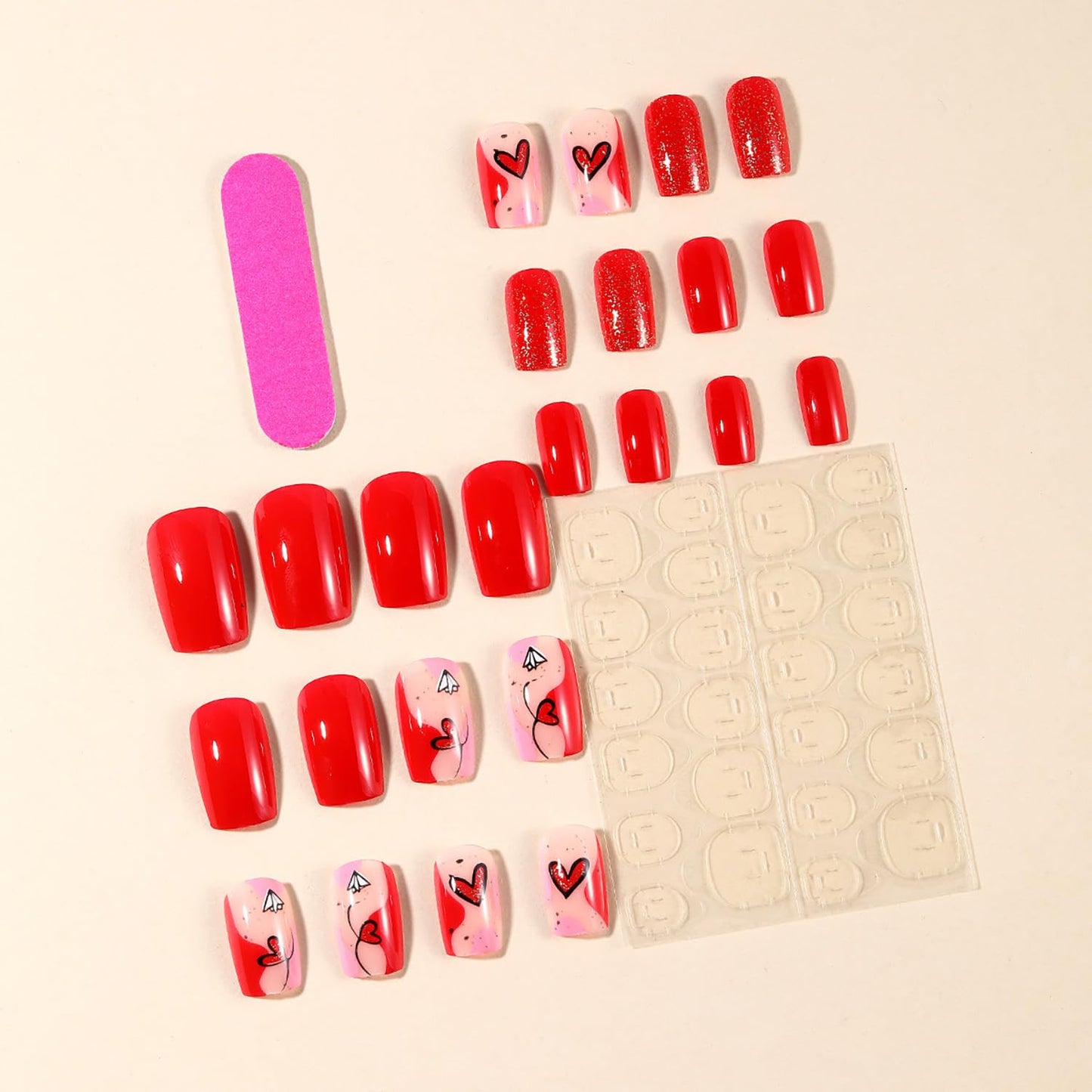 FIEONCIY Medium Square Glossy Full Cover Acrylic False Nails with Heart Designs Artificial Square Fake Nails Glue ons Fingernails for Women Girls (A80103)