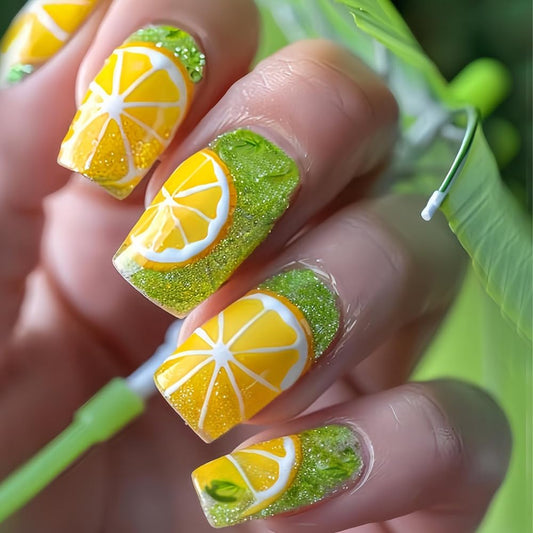 CTTHNBD Square Press on Nails Medium - Green Fake Nails with Leaf Fruit Pattern Design - Summer Full Cover Stick on Nails - for Women 24 Pcs