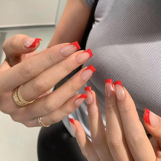 Handmade Red French Press on Nails Short Square Fake Nails with Glue Full Cover Glossy False Nails Stick on Nails for Women Manicure Aurora Powder Decoration 10PCS (MT-138-M)