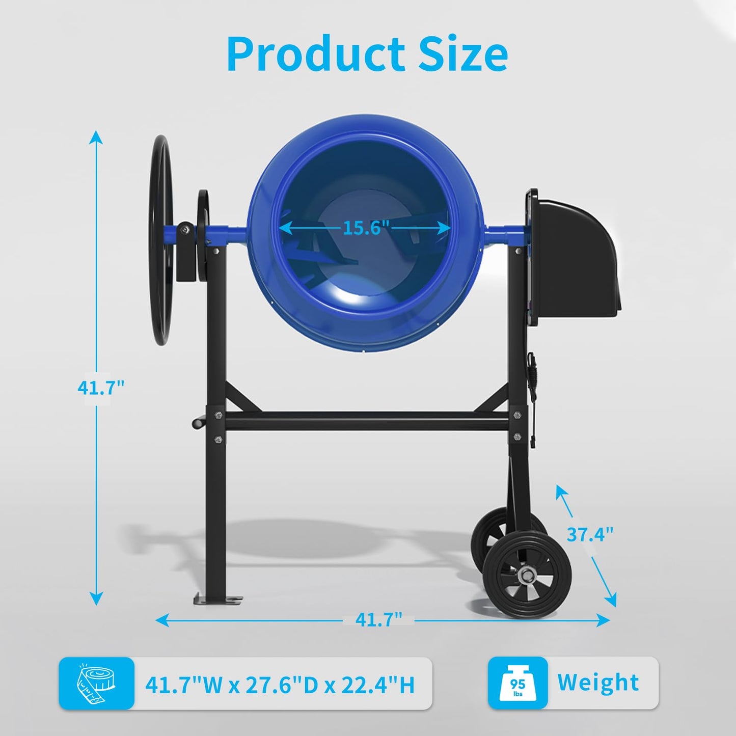 TABU 5.0 Cu.Ft. Electric Cement Mixer, 1/2HP Portable Concrete Mixer, Mortar Mixing for Seeds/Stucco, Freestanding Cement Mixing Tools with Wheels for Stucco, Blue