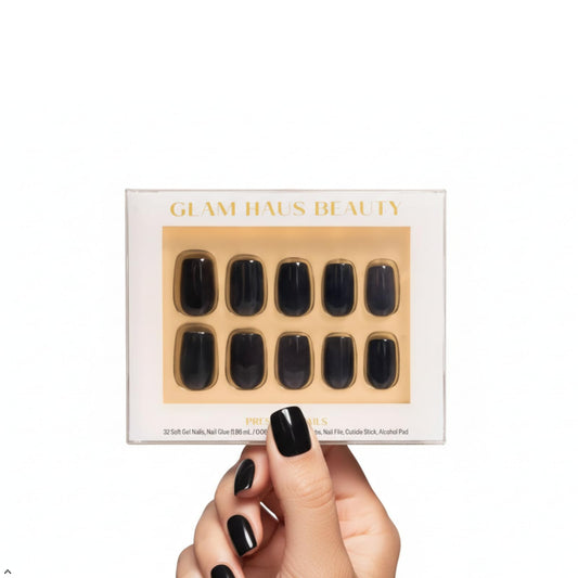 Glam Haus Beauty Press On Nails Onyx Noir | Short Square Jet-Black Glossy Finish Salon Quality | 16 Sizes - 32 Nail Kit with Glue & Adhesive Tabs