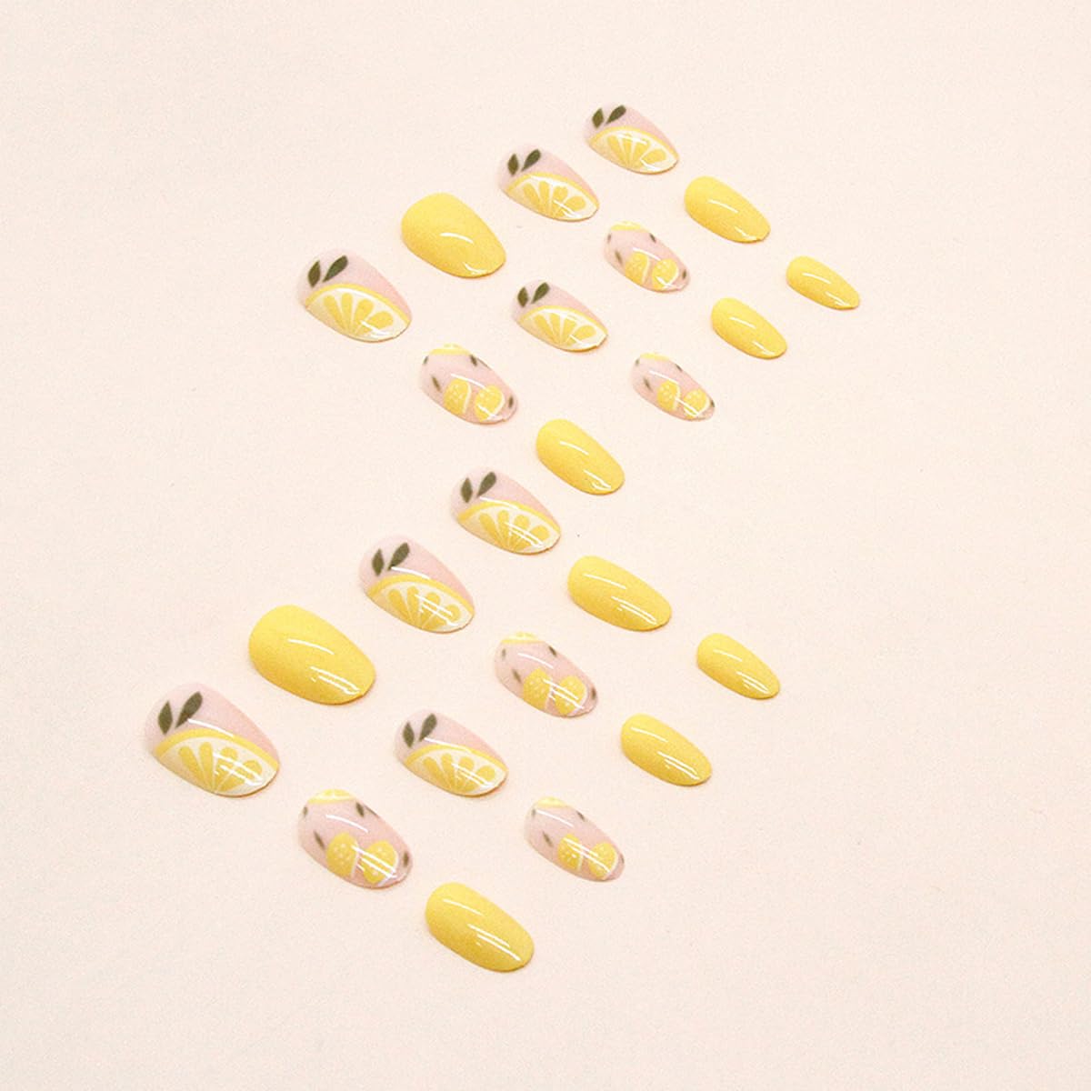 Summer Lemon Press on Nails Short Oval Fake Nails Yellow False Nails Press ons with Design Reusable Artificial Nails Glossy Full Cover Glue on Nails Stick on Nails for Women Girls Manicure 24Pcs
