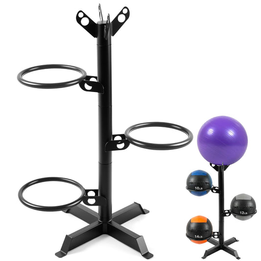Zonon Medicine Ball Rack for Home Gym, 4-Tier Vertical Storage Stand with 360° Rotating Rings, 4 Balls Heavy Duty Steel Organizer for Yoga, Slam Wall Balls, Space Saving Gym Equipment Storage, Black
