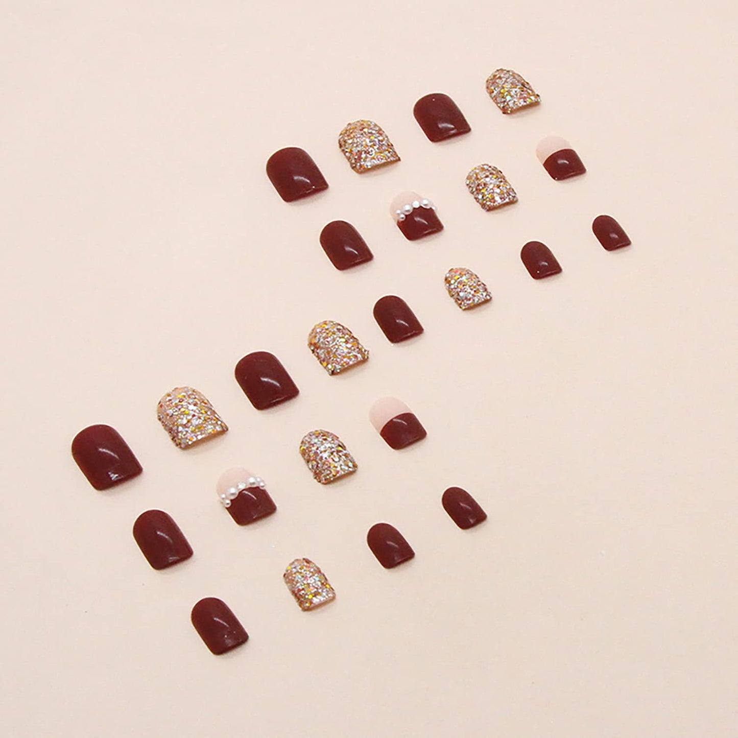 Press on Nail Short Square Length, 24Pcs Full Cover Reusable False Nails Kits, Glue On Nails with Glitter Pearl Designs, Artificial Fingernails Acrylic Fake Nails for Women Stick on Nails Coffin Shape
