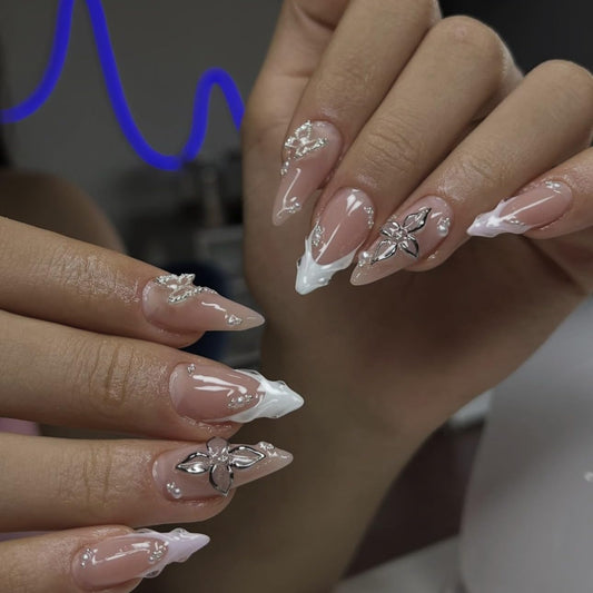 24PCS Medium Almond Press-On Nails Set - Nude Pink Gel Fake Nails with 3D Silver Flower Pearl & Butterfly Decor False Nails Reusable Adhesive Spring Summer Glue Stick-On Nail for Women Salon Look