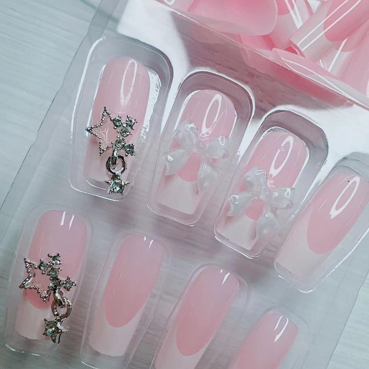 Medium Square Shaped Press on Nails White French Tip Fake Nails 3D Bow Star Design Nude Color French Nail Tips Almond Shape Press ons Cute Bow Stick on Nails for Women Daily Wear 24Pcs