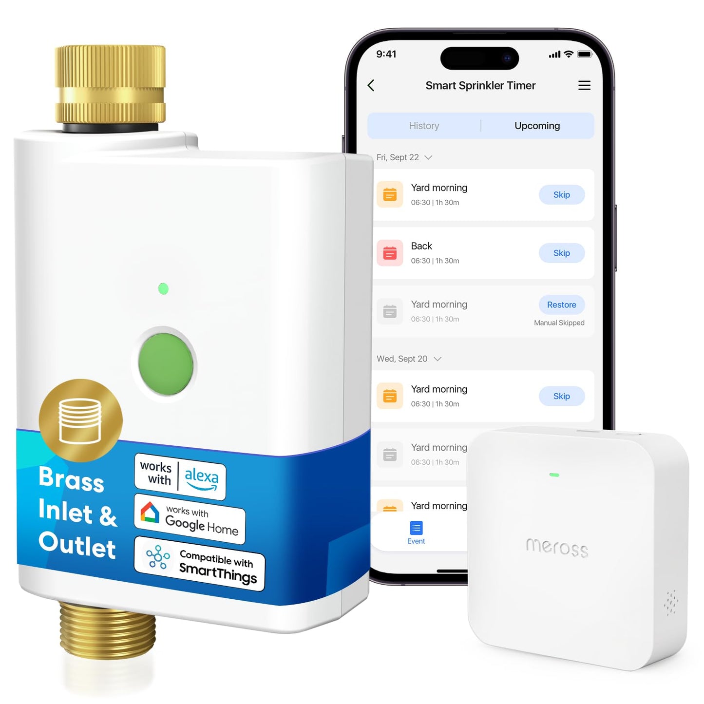 meross WiFi Water Timer for Garden Hose, Smart Hose Timer with Brass Inlet & Outet, WiFi Sprinkler Valve Work with Apple Homekit, Alexa & Google Assistant, Smart Rain Skip for Lawn, Garden & Yard
