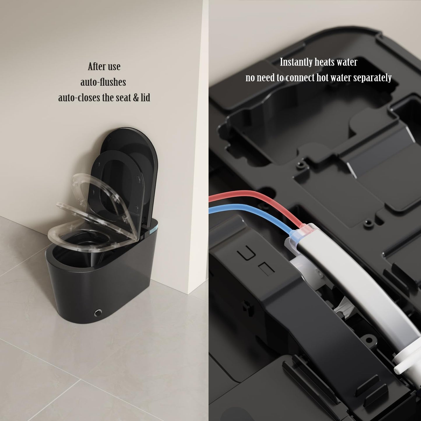 Black Smart Toilet with Auto Open/Close Lid, Modern Intelligent Tankless One Piece Toilet with Bidet Built In, Warm Water, Warm Air Drying, Self-Cleaning Heated Seat Toilet with Remote Control.