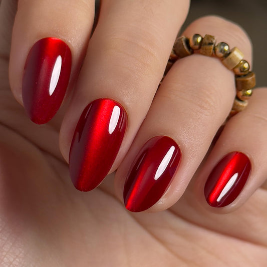 Curvlife Soft Gel Almond Press On Nails – Reusable Red Strip Cat Eye False Natural Fit Medium Christmas Fake Nails Tips Stick Ons, Salon Quality UV Finish