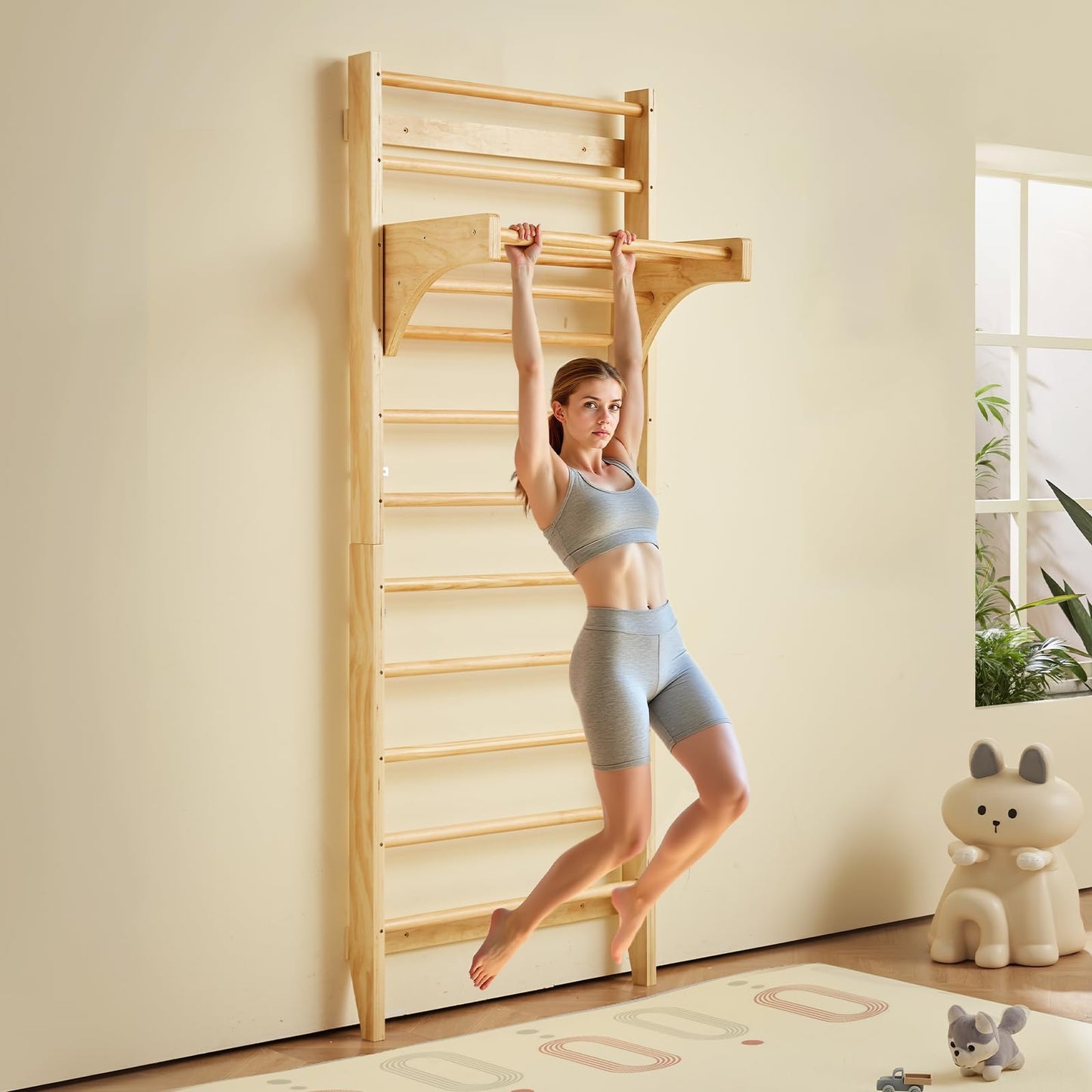 VEVOR Swedish Ladder Wall Gym, 10-Level Solid Wood Indoor Jungle Gym, 220lbs Loading Indoor Playground Climbing Ladder for Kid Adults, Gymnastic Stall Bars with Pull-Up Bar - Ideal Gift for Boys Girls