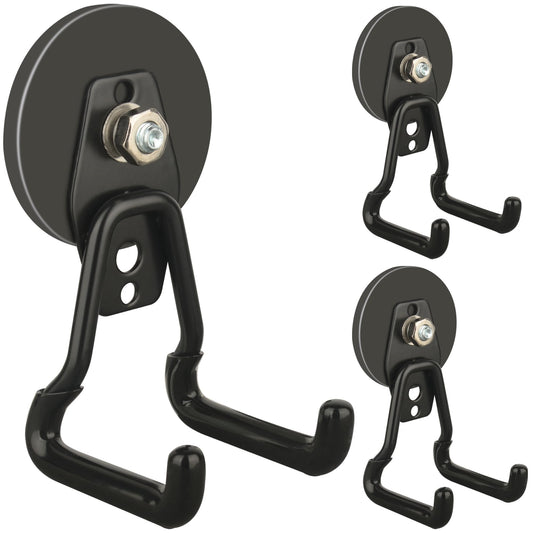 ULIBERMAGNET New Upgraded Large Magnetic Hooks,Strong Heavy Duty Magnet Hooks for Power Drill,Broom,Garden Tools, Pegboard, Garage, Workshop,Hardware, 3 Pack Magnet Storage Holder for Hanging(Black)