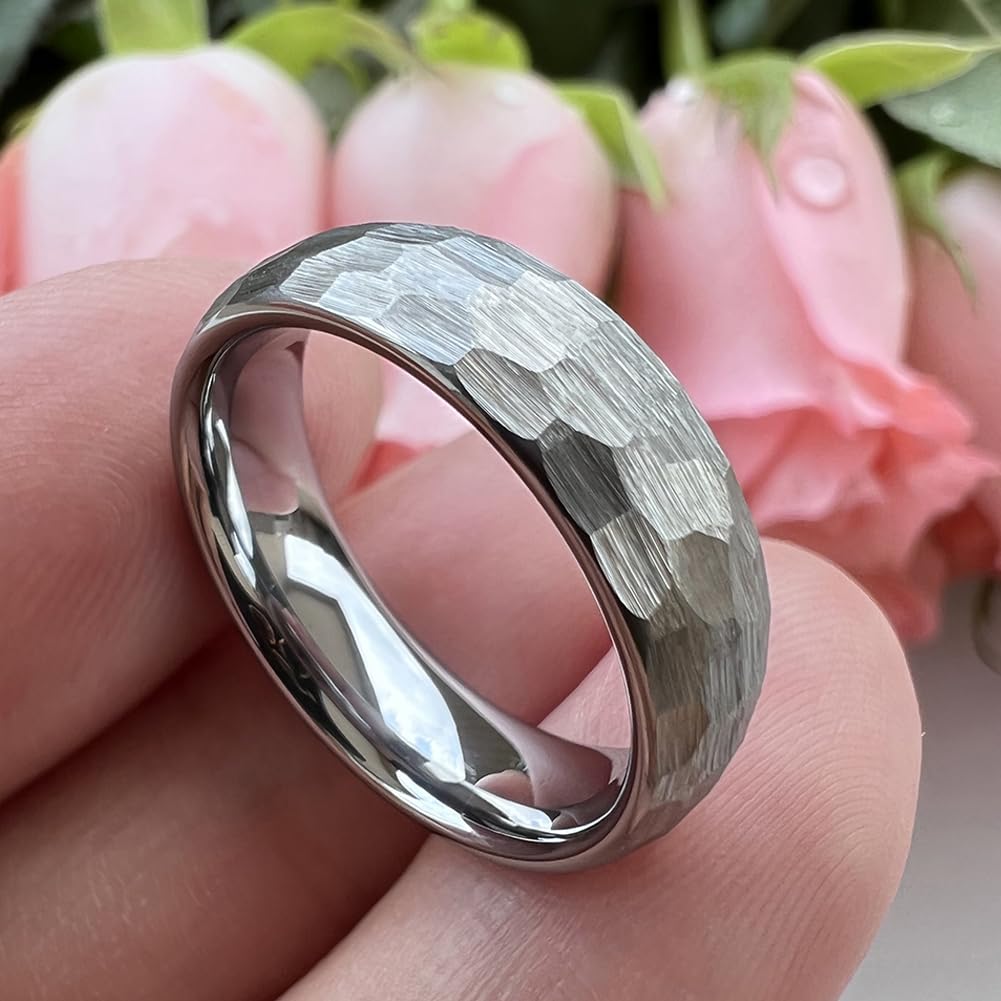TUTISS 6mm Hammered Tungsten Rings for Men Women Fashion Engagement Wedding Bands Domed Matte Finish Comfort Fit Size 8