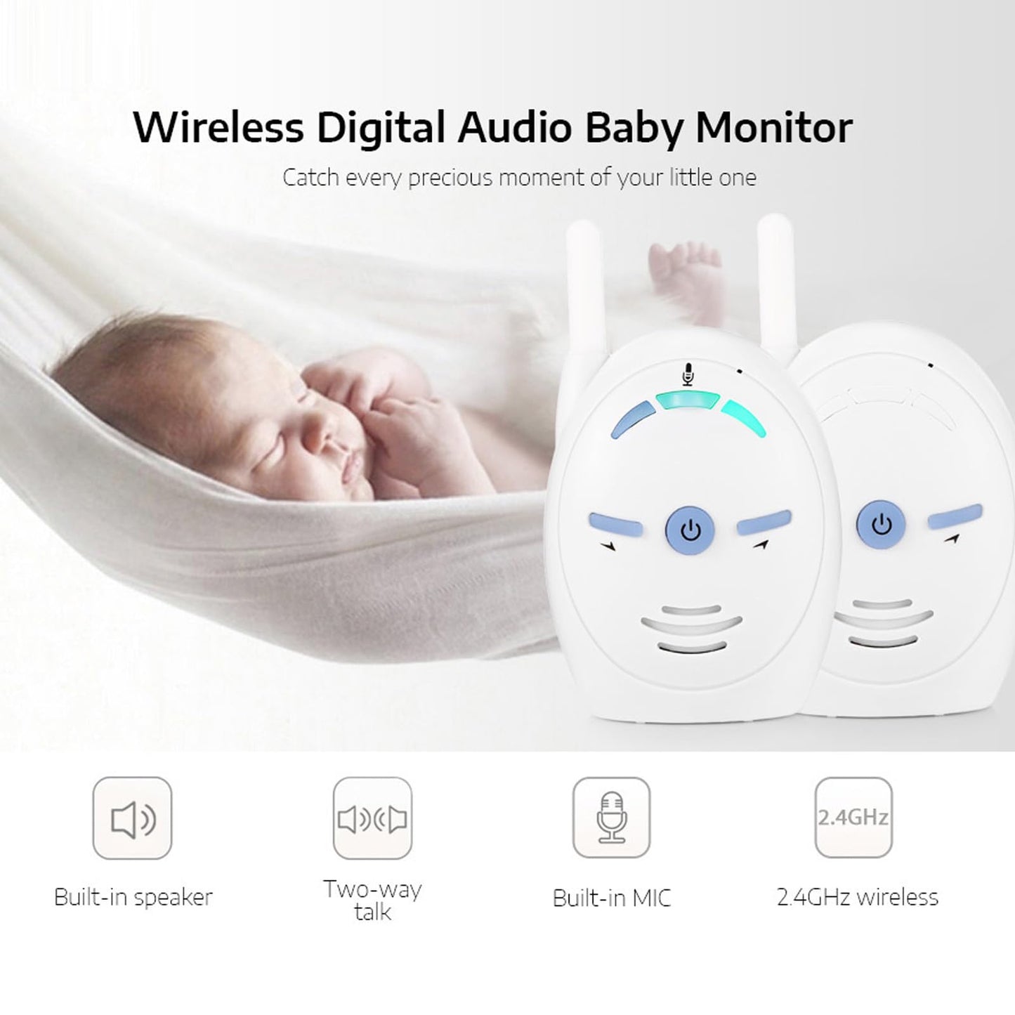 Audio Baby Monitor, Long Range up to 1000 ft, Visual Sound Level Indicator, High Sensitivity Microphone, 2 Way Audio Talk, USB Connection, (US Plug)