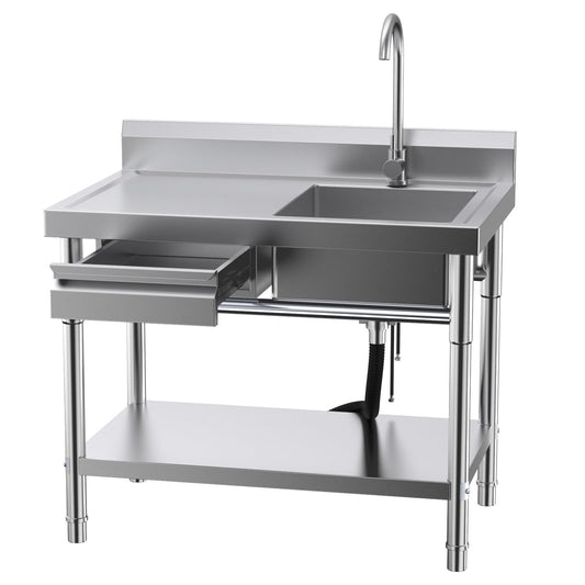 Stainless Steel Utility Sink, Commercial Kitchen Sink, 40'' Free Standing Single Bowl Sink with Drawer & Cold and Hot Water Pipe for Kitchen Laundry Room Farmhouse Indoor and Outdoor