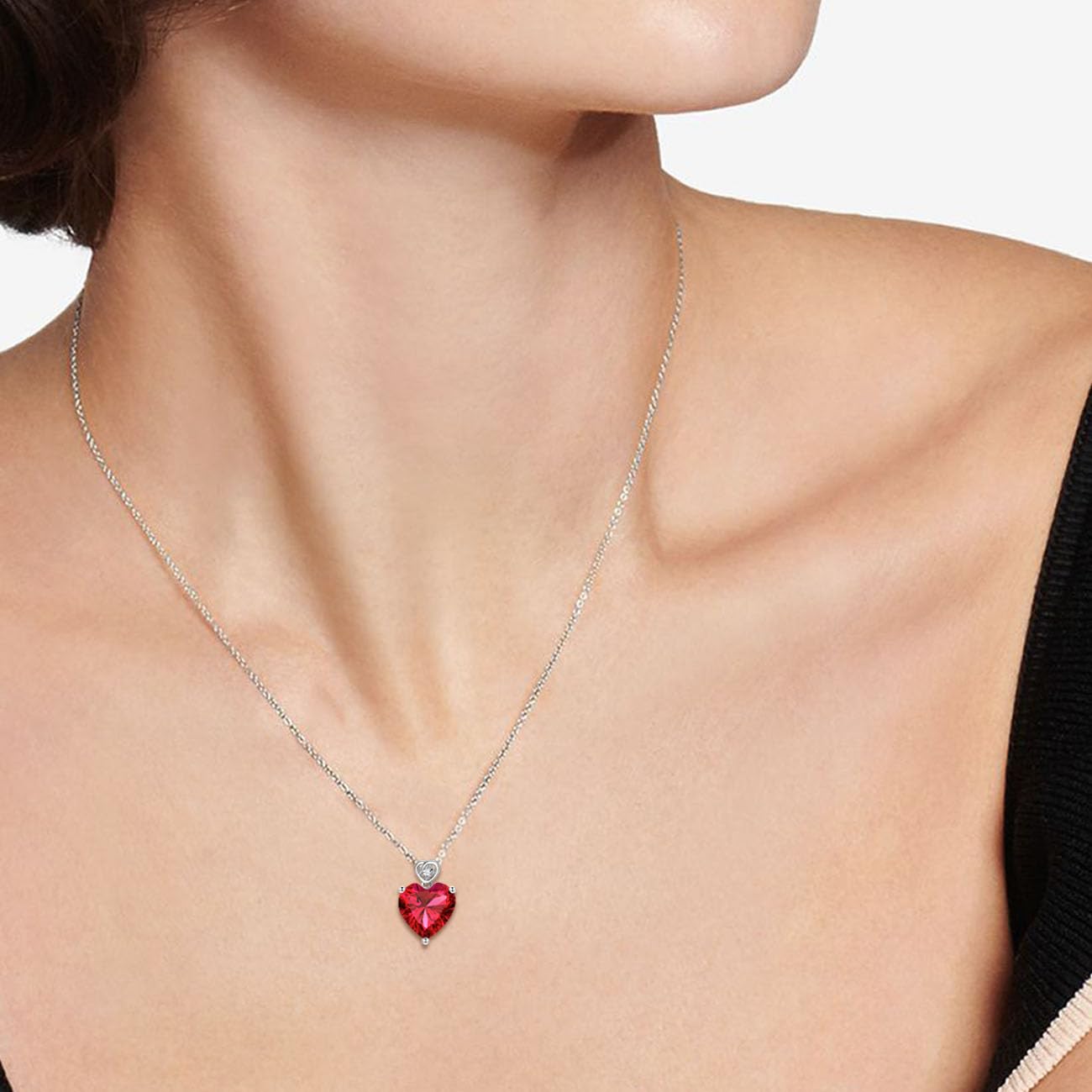 NFYBD 14k White Gold Love Heart Ruby Birthstone Pendant Necklace for Women 3 Carat Heart-cut Created Gemstone Anniversary Birthday Mother's Day Necklaces for Her-jul