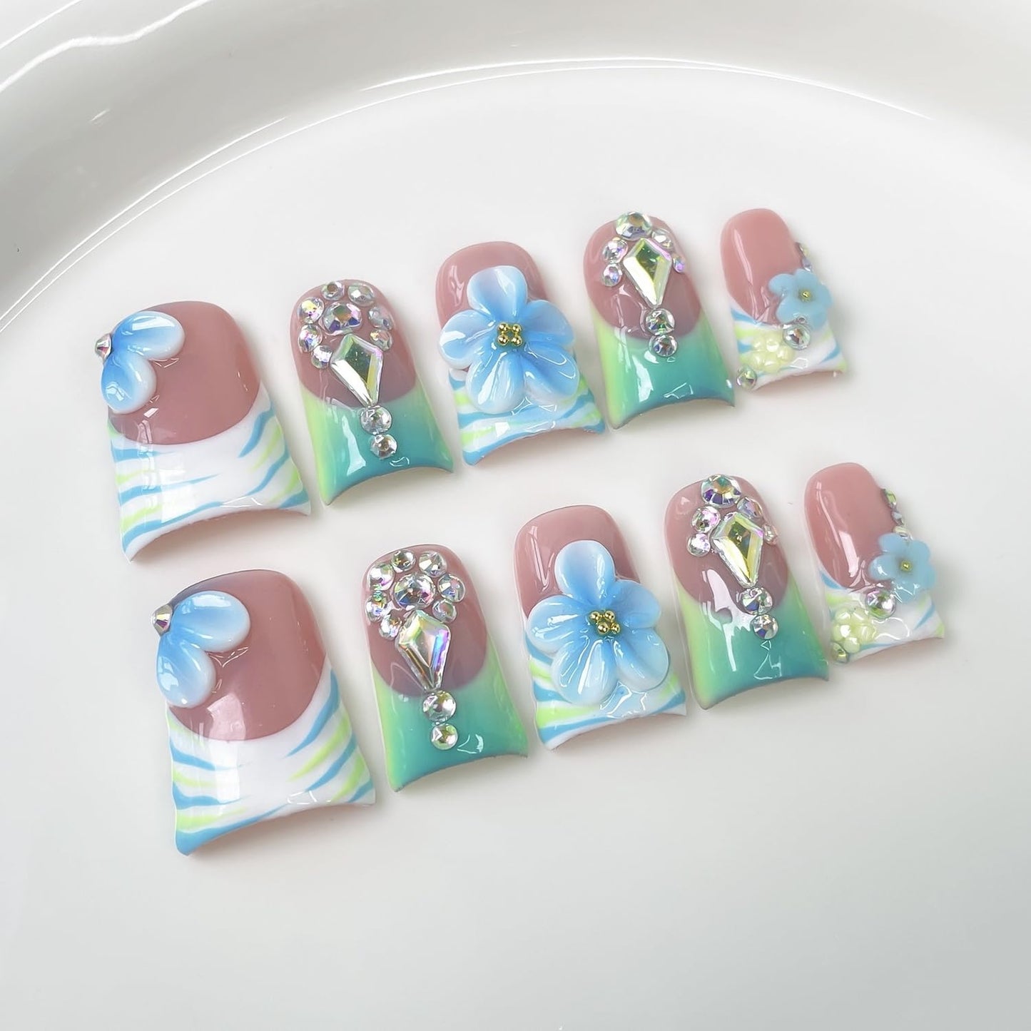 Handmade Press on Nails 3D Blue White Gradient Flower Fake Nails Short Duck False Nail Kit French Tip Luxury Handmade Rhinestone Design Muti-Layer Gel Stick on Nails Acrylic Nail for Women (M)