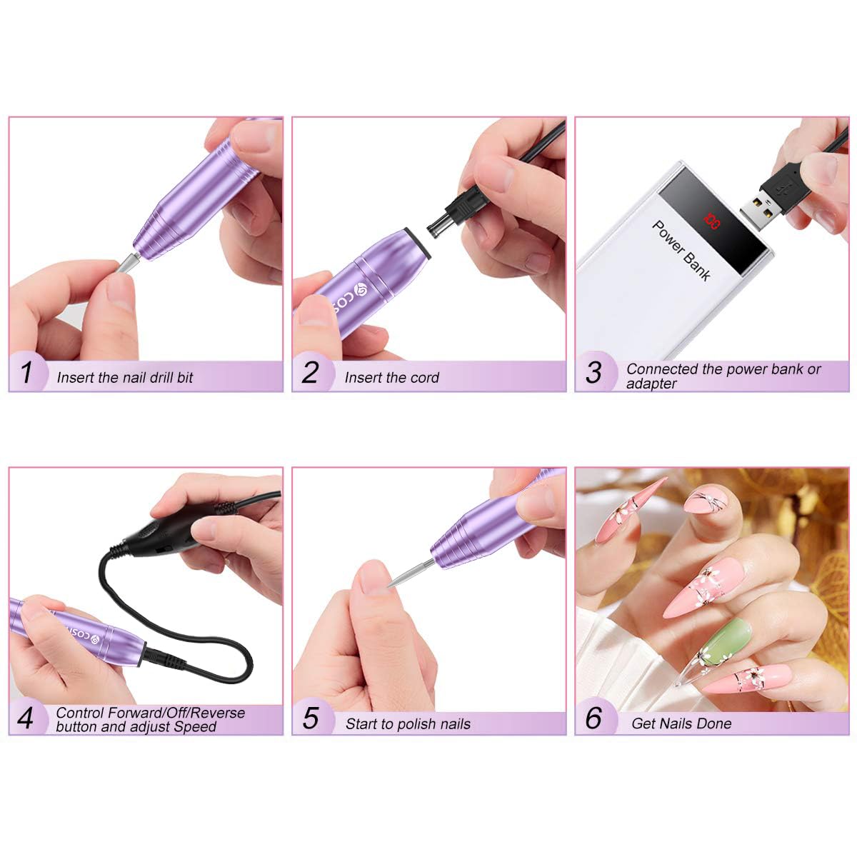 COSITTE Electric Nail Drill,USB Electric Nail Drill Machine for Acrylic Nail Kit,Portable Electric Nail File Polishing Tool Manicure Pedicure Kit Efile Nail Supplies for Home Salon,Lilac
