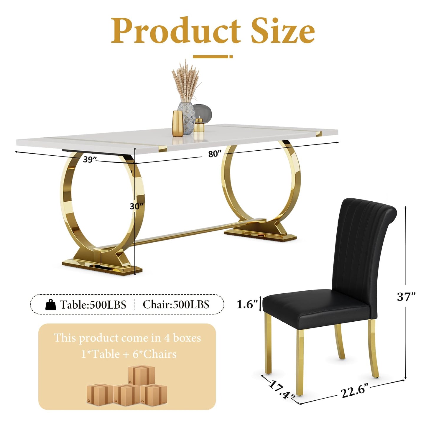 Asday Dining Table Set with 6 Chairs PU Upholstered, 80 Inch White Dining Table Polished Gold U Shape Legs, Modern Rectangle Dinner Table Set for Kitchen