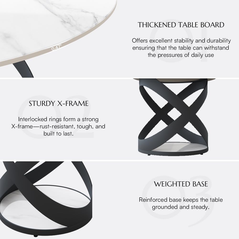 POVISON 59" Modern Dining Table, Glossy White Round Dining Table for 6 Built in Lazy Susan, Sintered Stone Dining Tabletop with Black X Carbon Steel Base (Table Only)