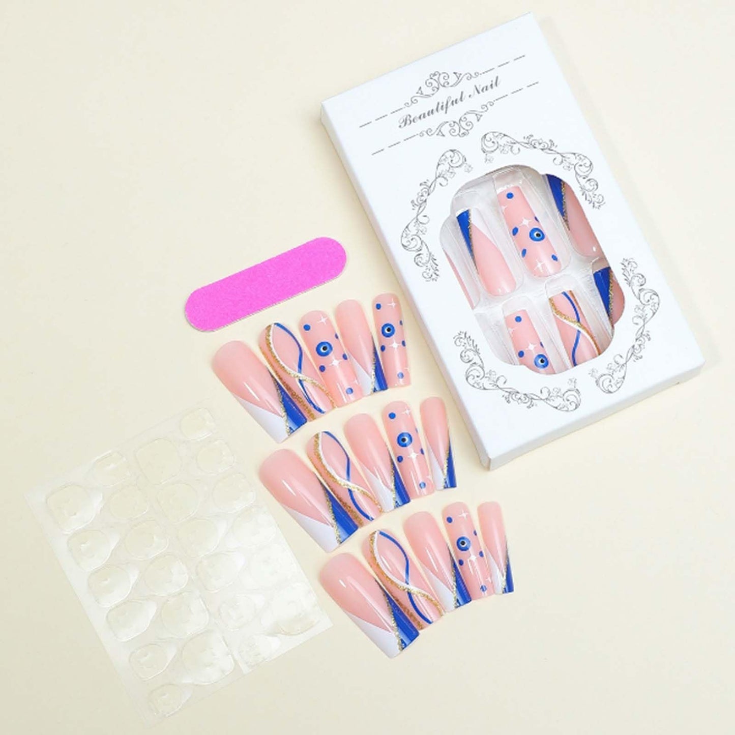 YoYoee Blue Ballerina Nails Tips French False Nails Long Square Press on Nails Swirl Fake Nails for Women and Girls 24PCS
