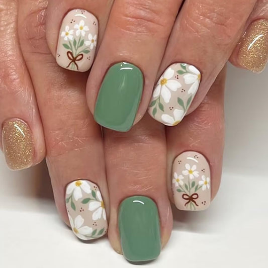 Short Press on Nails Square - Green Fake Nails with Flower Design - Spring, Glitter Full Cover Stick on False Nails for Women - 24 Pcs