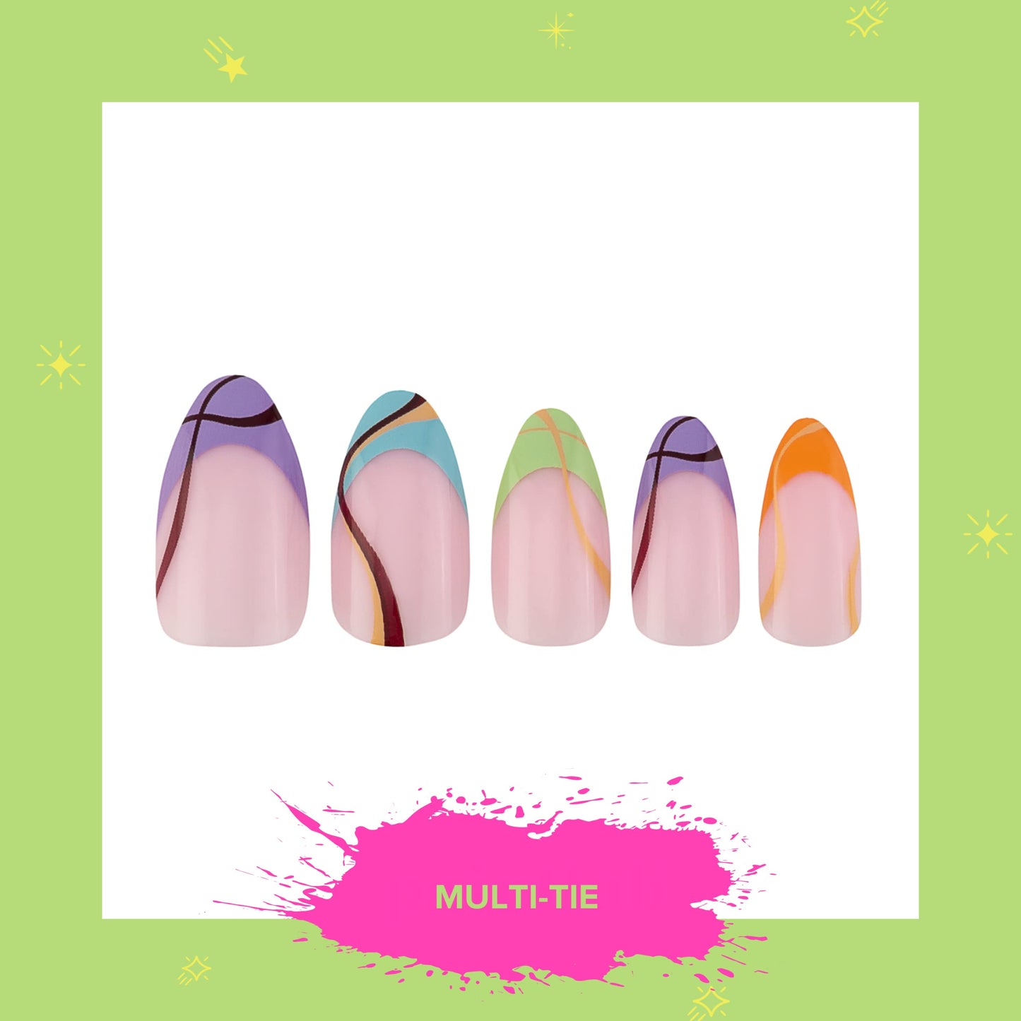 PaintLab Press-On Nails Manicure Kit, Multi Tie - Almond, 24-Piece Set, Long-Lasting Fake Nails with Glue, File, Prep Pad & Cuticle Stick