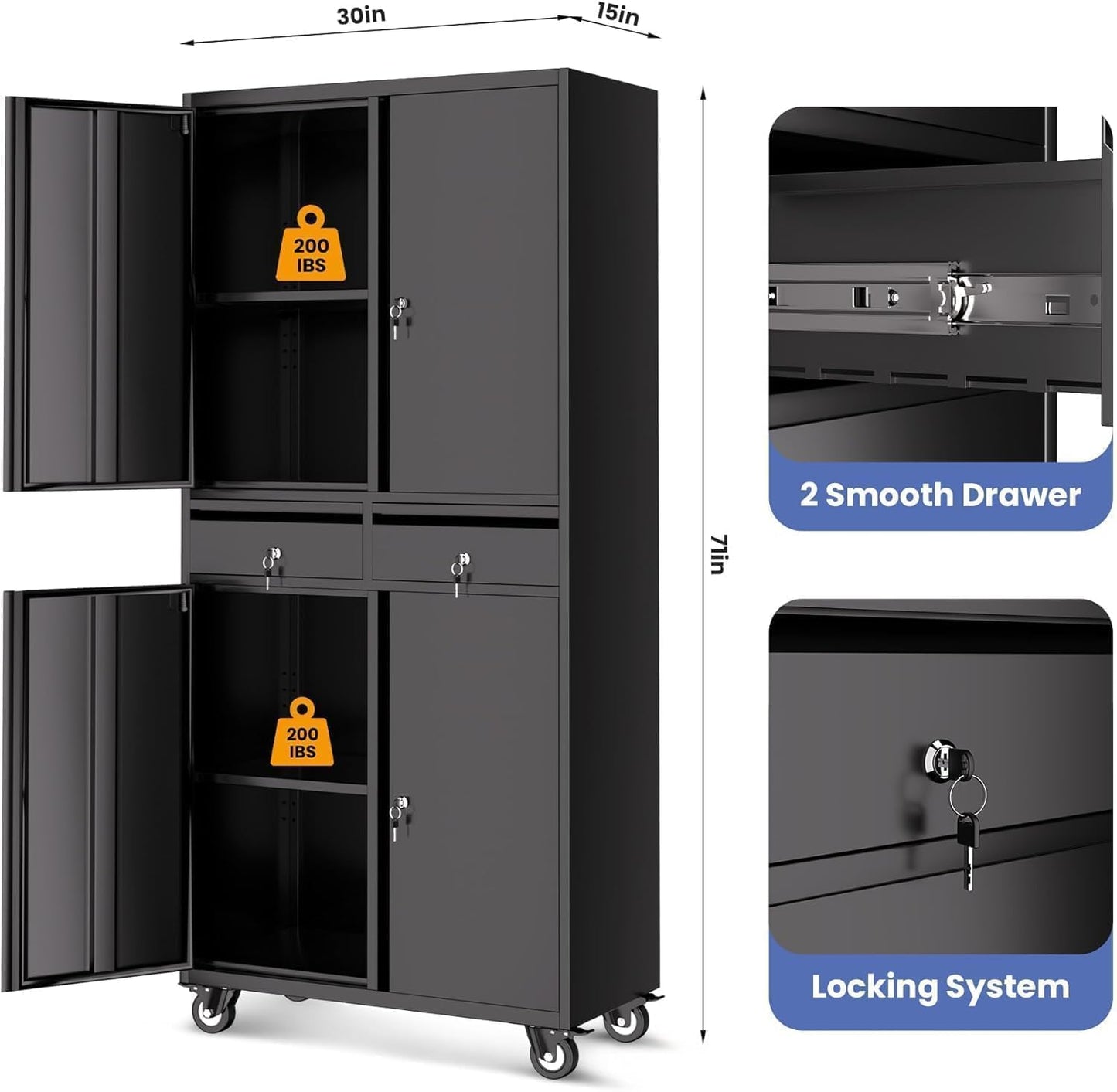 GarveeHome 73'' Metal Storage Cabinet, Heavy Duty Garage Storage with Wheels, Locking Doors and 2 Drawers, Adjustable Shelves, Black