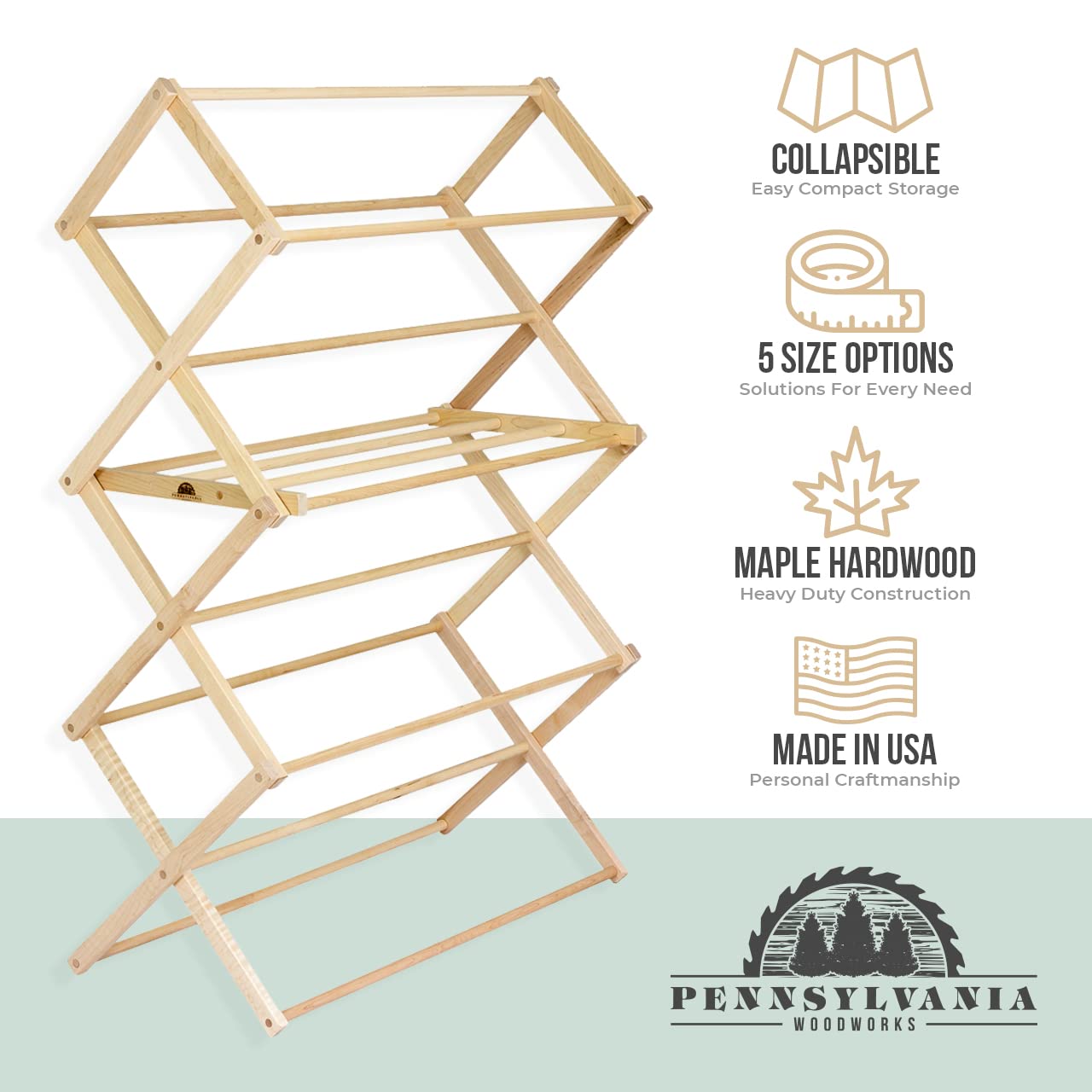 Pennsylvania Woodworks Clothes Drying Rack: Solid Maple Hard Wood Laundry Rack for Sweaters, Blouses, Lingerie & More, Durable Folding Drying Rack, Made in USA, No Assembly Needed, Medium